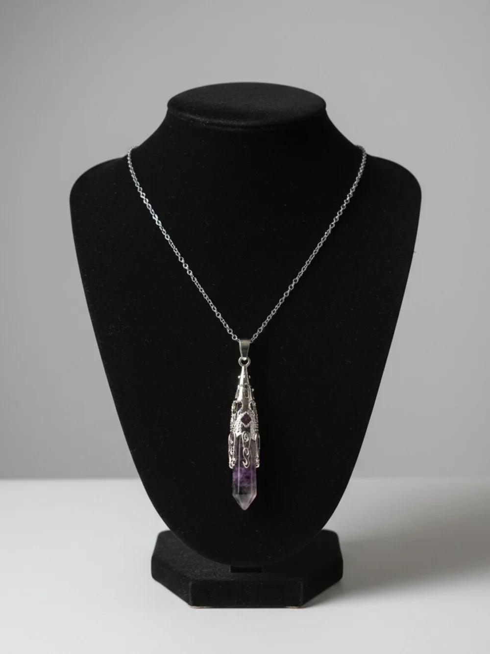 Silver-Tone Amethyst Point Pendant Necklace - Purple Crystal Accent